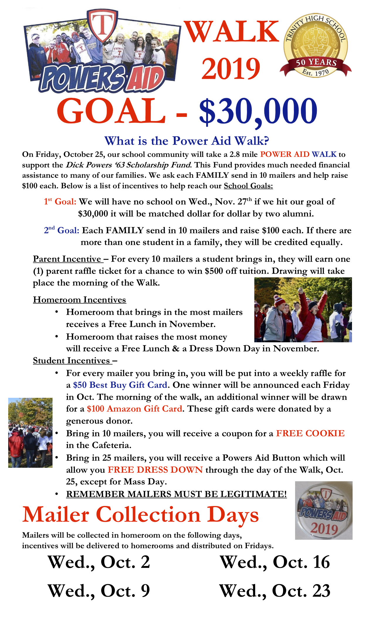 powers aid walk a thon 2019 trinity high school walk a thon flyers